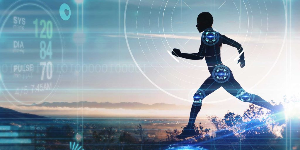 Athlete running with data points and computer graphics