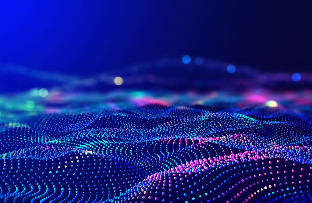 Cyber big data flow. Blockchain data fields. Network line connect stream. Concept of AI technology, digital communication, science research, 3D illustration music waves