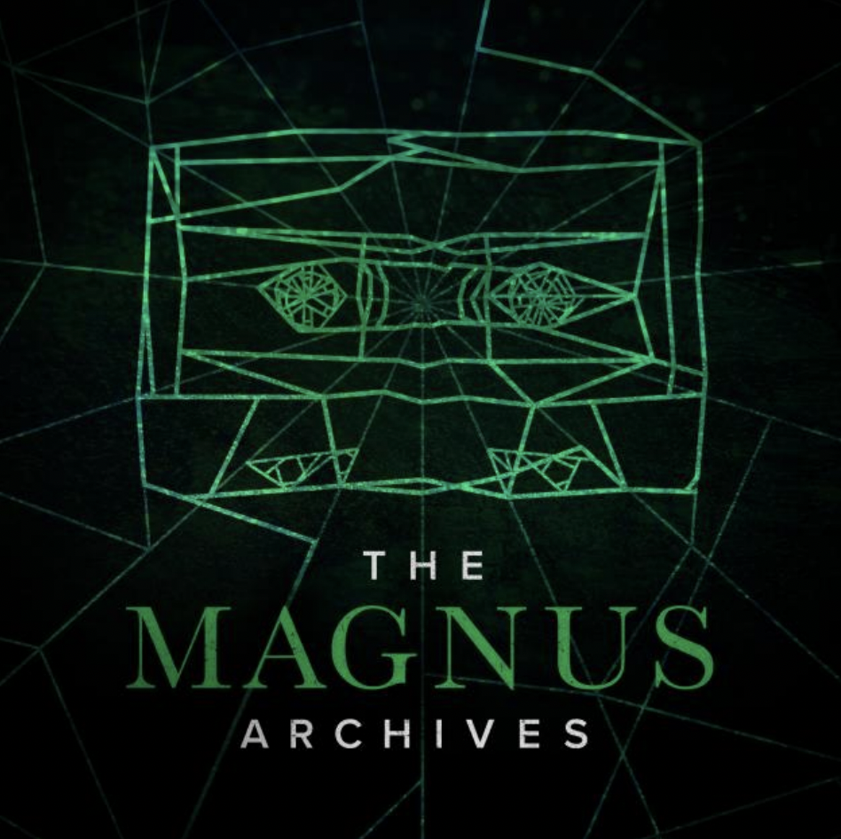 The logo of The Magnus Archives podcast. It appears to be a cassette tape comprised of glowing green spider webs, with the name The Magnus Archives written underneath it.