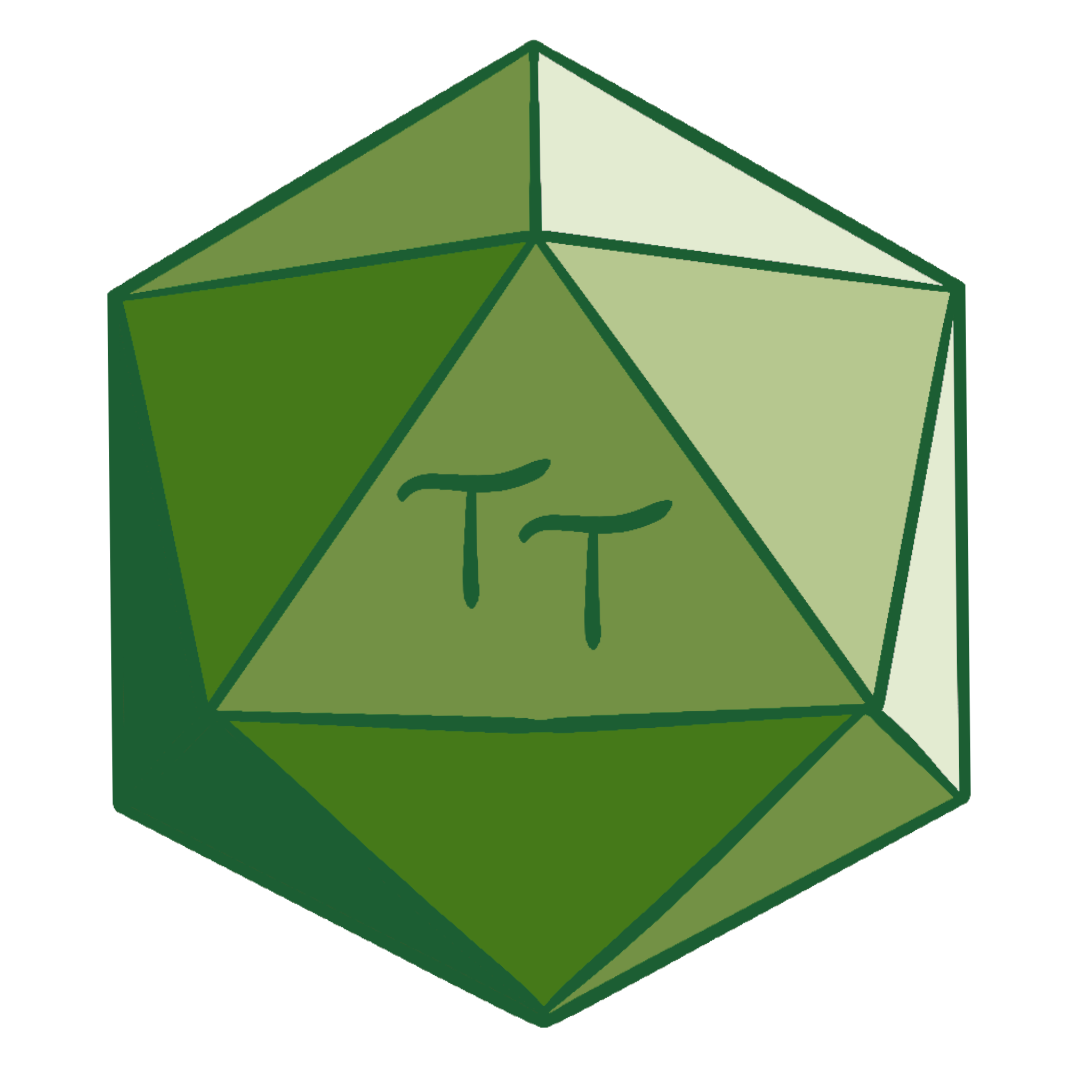 A 20 sided dice with the letters 'TT'